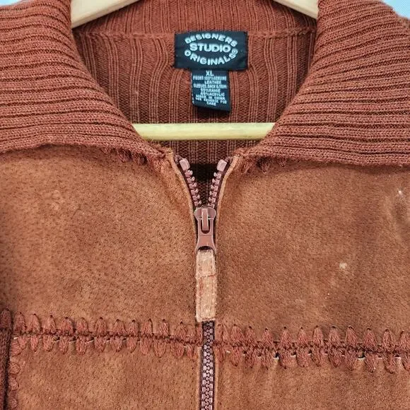 VTG Designer Studio Original XLARGE Sweater Leather Suede Jacket Brown Patchwork - Picture 7 of 16